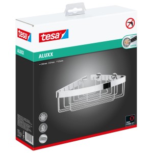 Chrómovaný rohový sprchový kôš Nie Wieder Bohren Aluxx v obale produktu.