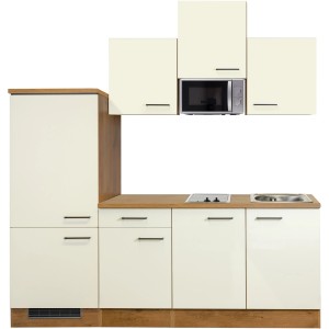 Kuchynská linka Flex-Well Vintea 210 cm vo farbe Magnolia/Lancelot Oak so spotrebičmi ako chladnička a mikrovlnná rúra.