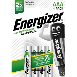 Energizer Univerzálne nabíjateľné batérie AAA, 4 kusy, 500 mAh.