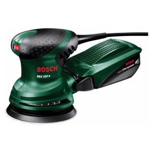 Excentrická brúska Bosch PEX 220 A s brúsnym kotúčom a odsávaním prachu.