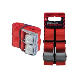 Červené upínacie popruhy Quickloader s vačkovou sponou, balenie 2 ks pre ľahké náklady.