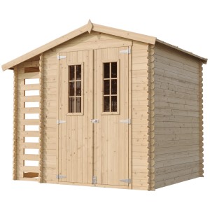 Drevený záhradný domček Timbela M386C s regálom na drevo, 4,5 m², neošetrené drevo.