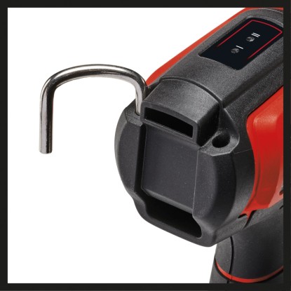 Detailný záber: Akumulátorová teplovzdušná pištoľ Einhell Power X-Change TE-HA 18 Li Solo so sklopným hákom.