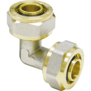 Mosadzný skrutkovací uholník 90° pre viacvrstvové rúry 20x2mm, DVGW testovaný pre kúrenie/pitnú vodu.