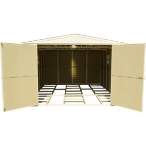 Otvorený plastový záhradný domček Duramax WoodBridge 15,3 m² s rámom pre podlahu.