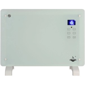 Biely sklenený konvektor El Fuego 1500 W s LCD displejom a nožičkami.