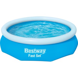 Modrý nadzemný bazén Bestway Fast Set (Ø 305 cm) s bielym nafukovacím prstencom, naplnený vodou.