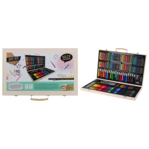 180-dielna sada na maľovanie a kreslenie v drevenom boxe (47,8x29,5x4,5cm) s perami, farbami a príslušenstvom.