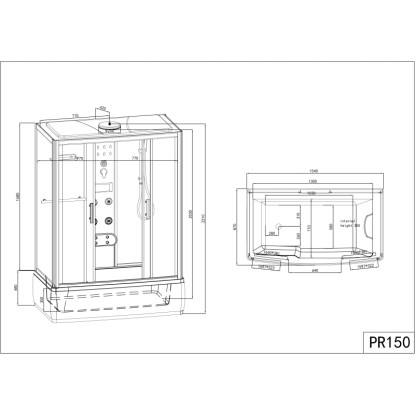 Sanotechnik kompletný sprchovací box 85x150x220cm, schéma s rozmermi.