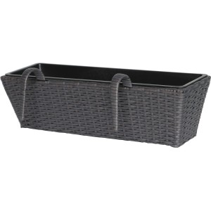 Balkónový kvetináč z polyratanu v antracitovo-čiernej farbe, šírka 60 cm, s držiakom na zavesenie.