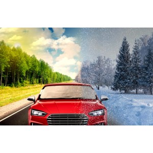 Červené auto v lete a v zime, symbolický obrázok pre ochranu proti mrazu.