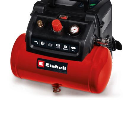 Einhell Kompresor TC-AC 190/6/8 Bezolejový: Červený vzduchový kompresor s manometrom a 6l nádržou.