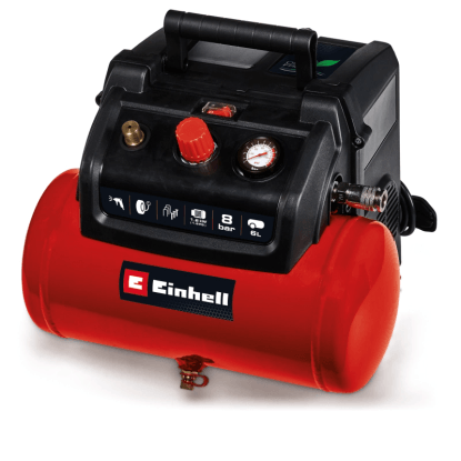 Červený Einhell kompresor TC-AC 190/6/8 s čiernym krytom, 6L nádržou, 8 bar a manometrom. Bezolejový.