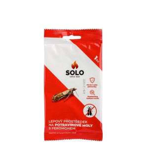 Lepová pasca na potravinové mole Solo, červeno-biely obal.