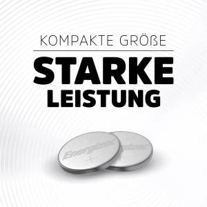 Dve lítiové gombíkové batérie Energizer CR2032. Kompaktná veľkosť, vysoký výkon.