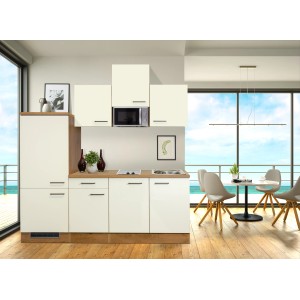 Kuchynská linka Flex-Well Vintea 210 cm Magnolia/Lancelot Oak s elektrospotrebičmi.