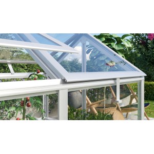 Vitavia Gamma parenisko s hliníkovým rámom a ESG sklom, čiastočne otvorené, s rastlinami vnútri.