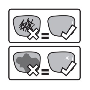 Ilustrácia: Poškodené vs. čisté ochranné okuliare. Vyhnite sa škrabancom/nečistotám pre jasný výhľad.