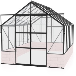Skleník Vitavia Cassandra 9900, 9,9 m², čierny, s dvojitými dverami a hliníkovým rámom.