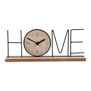 Dekoratívne stolové hodiny s nápisom HOME, drevo a kov, do obývacej izby.
