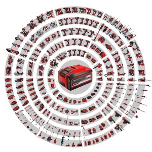 Batéria Einhell Power X-Change obklopená rôznym záhradným náradím a systémovými nástrojmi.