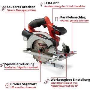 Akumulátorová ručná okružná píla Einhell Power X-Change TE-CS 18/165-1 Li Solo, červeno-strieborná, s veľkým pílovým kotúčom. Šikovná píla pre domácich majstrov.