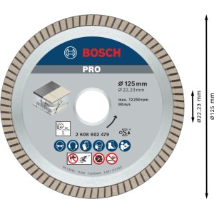 Diamantový rezný kotúč Bosch 125 mm s turbo okrajom pre uhlové brúsky. Čisté rezy do keramiky a porcelánu.