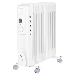 Biely olejový radiátor Grena (2500 W) s 11 rebrami, termostatom a kolieskami. Mobilné elektrické kúrenie.