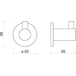 Technický nákres: Držiak na uteráky s rozmermi (výška 56 mm, Ø kruhu 53 mm, hĺbka 55 mm).