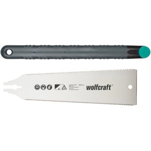 Japonská píla Wolfcraft, 240 mm, so sivou rukoväťou a flexibilným pílovým listom na jemné a hrubé rezy.