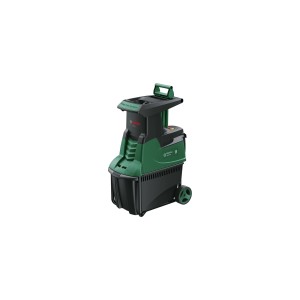 Tichý drvič Bosch AXT 25 D so zberným boxom, frézovacím valcom a kolieskami.