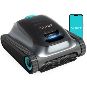 Bazénový robot Aiper Scuba S12025 čierno-tyrkysový s pásmi. Pripojenie k aplikácii pre bezdrôtové čistenie bazéna.