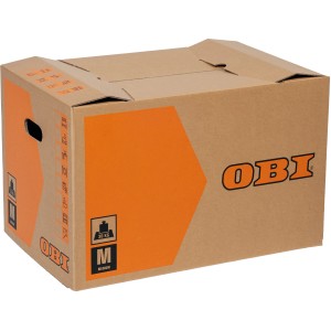 Sťahovacia krabica OBI M, 60 l, 30 kg, z dvojvrstvovej lepenky s držadlami a popisovacími poľami.