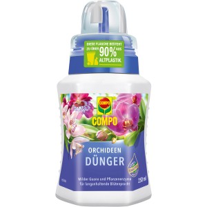 Fľaša hnojiva pre orchidey Compo 250 ml s kvetmi orchideí na etikete.