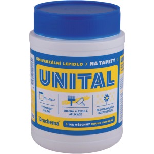 Lepidlo na tapety UNITÁL v modro-bielej nádobe. Univerzálne lepidlo na tapety a iné povrchy.