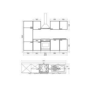 Plán kuchynskej linky Flex-Well Creso 280 cm: rozloženie s rozmermi, rúrou, drezom, chladničkou, digestorom a skrinkami.