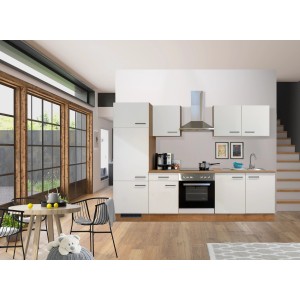 Kuchynská linka Flex-Well Vintea 270 cm, Magnolia/Lancelot Oak, s elektrospotrebičmi.