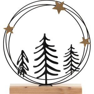 Vianočný dekoračný veniec, železný s drevenou základňou, cca 26 cm, s hviezdami a motívmi jedlí.