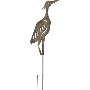 Zlatý záhradný zapichovák volavka, stojaca, 90 cm vysoká, kovová záhradná dekorácia.