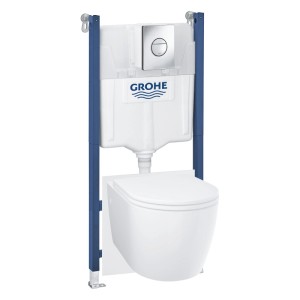 Grohe Solido Compact závesné WC súprava s modrým rámom, bielou nádržkou a chrómovou ovládacou doskou.