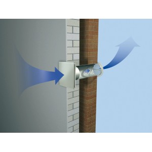 Biely kúpeľňový ventilátor so skleneným krytom (Ø 100 mm) namontovaný na stene, smer prúdenia vzduchu je znázornený modrými šípkami.