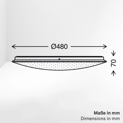 Brilo LED stropné svietidlo, biele, okrúhle, efekt hviezdnej oblohy. Bočný pohľad s rozmermi Ø 48 cm, 7 cm.