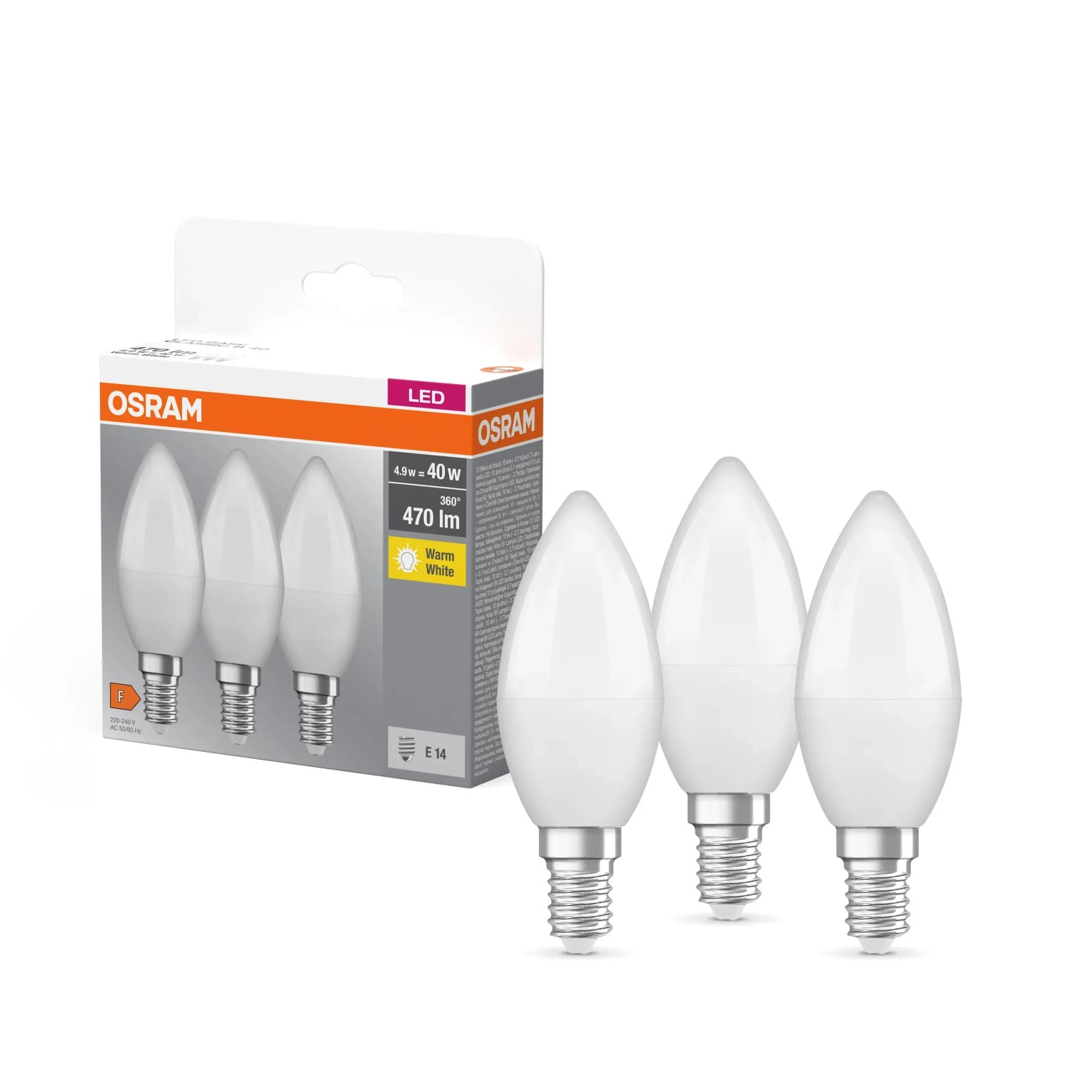 E-shop OSRAM LED žiarovka Base Classic B40, E14, 4,9 W, 470 lm, 2700 K, opálová, 3 ks