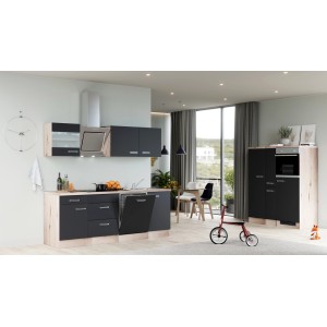 Kuchynská linka Flex-Well Exclusiv Lara, 360 cm, antracit/dub San Remo, s elektrospotrebičmi.