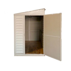Otvorený plastový záhradný domček Duramax SideMate 3,6 m² v béžovej farbe.