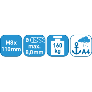 Nerezová napínacia objímka M8, 120 mm, na napínanie lán do 8 mm Ø, nosnosť 160 kg, nehrdzavejúca.