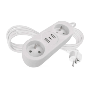Biela predlžovacia zásuvka t.b.t. s 2 USB portami a zástrčkou Schuko.