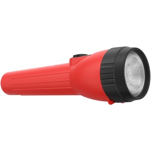 Červené LED svietidlo Energizer s vrúbkovanou rukoväťou a čiernou hlavou lampy.