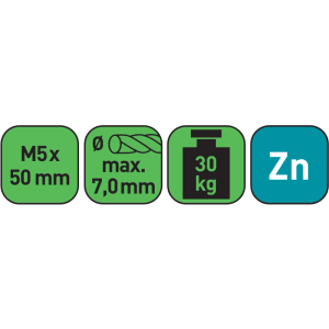 Napínacia skrutka s hákom M5 x 50 mm: Symboly pre závit, priemer lana, nosnosť a materiál.
