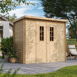 Drevený záhradný domček Timbela M310C, béžovo-hnedý, 2,63 m², s dvojitými dverami a oknom.
